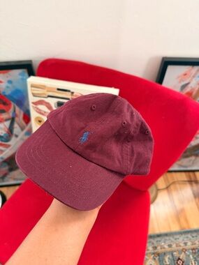 Ralph Lauren Burgundy Cotton Baseball Cap with Embroidered Tag